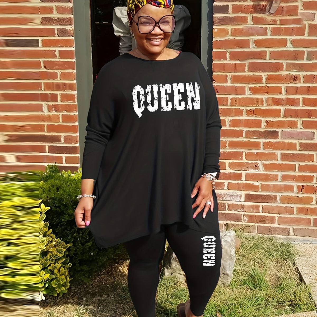 Women's Plus Size Letter Print Long Sleeve Top & Leggings Casual Outfit Set