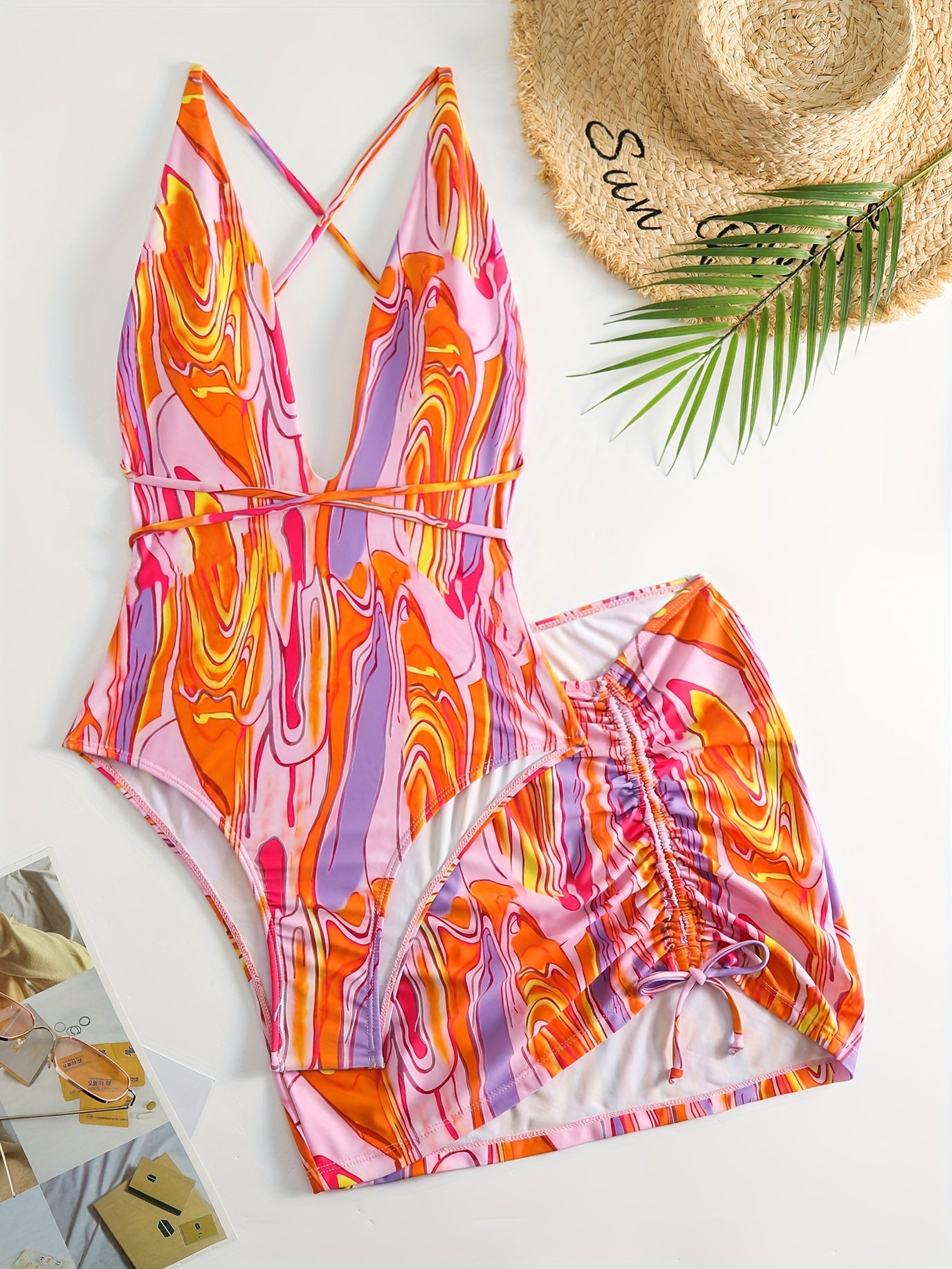 Criss Cross Strap Backless Swimsuit Set With Cover Up Skirt
