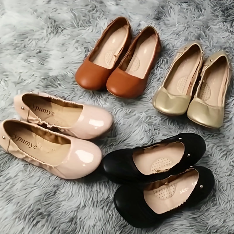 Women's Soft Sole Ballet Flats Solid Faux Leather Slip On Shoes Comfortable