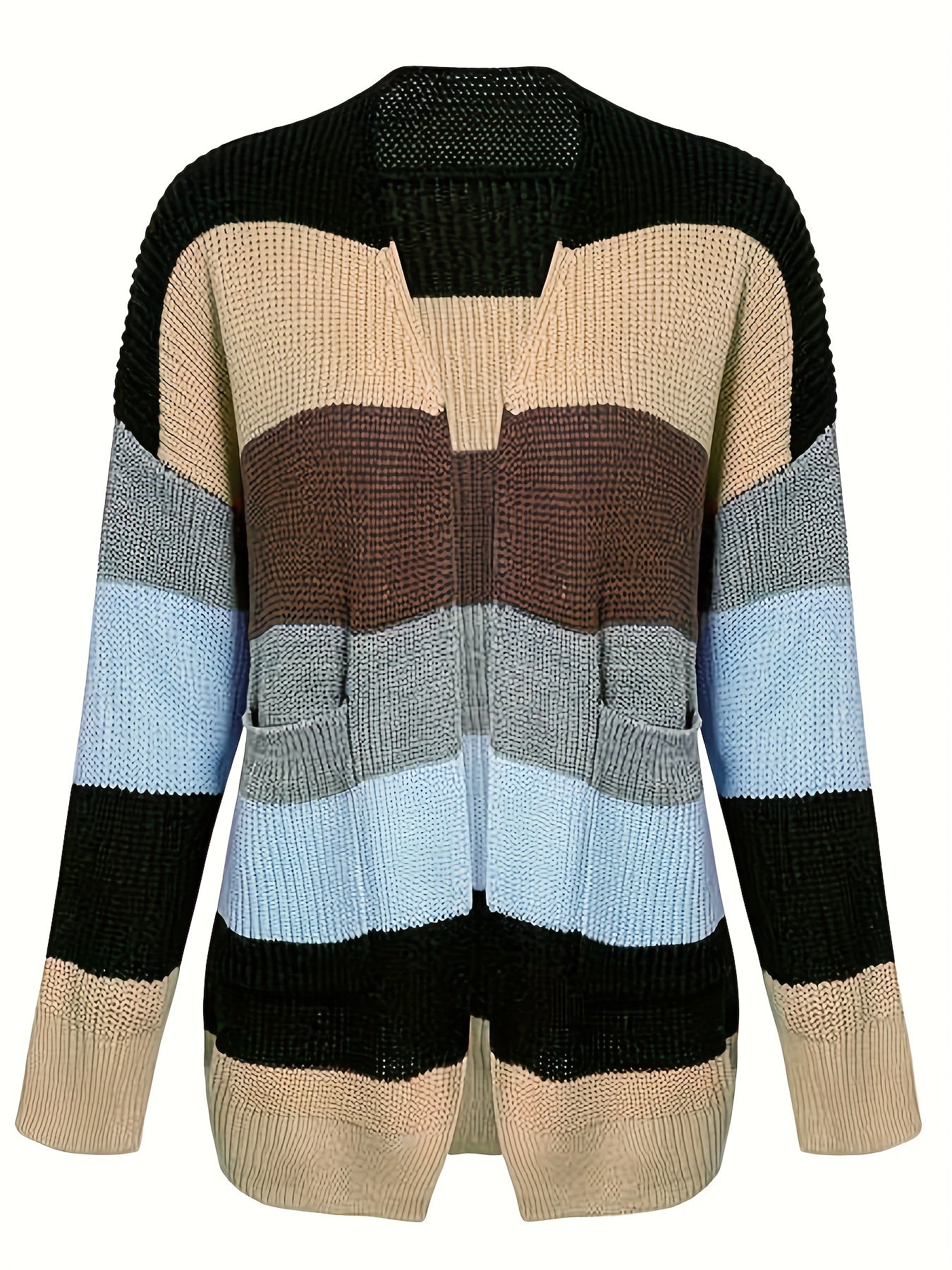  Colorblock Long Sleeve Open Front Cardigan With Pockets