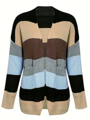  Colorblock Long Sleeve Open Front Cardigan With Pockets