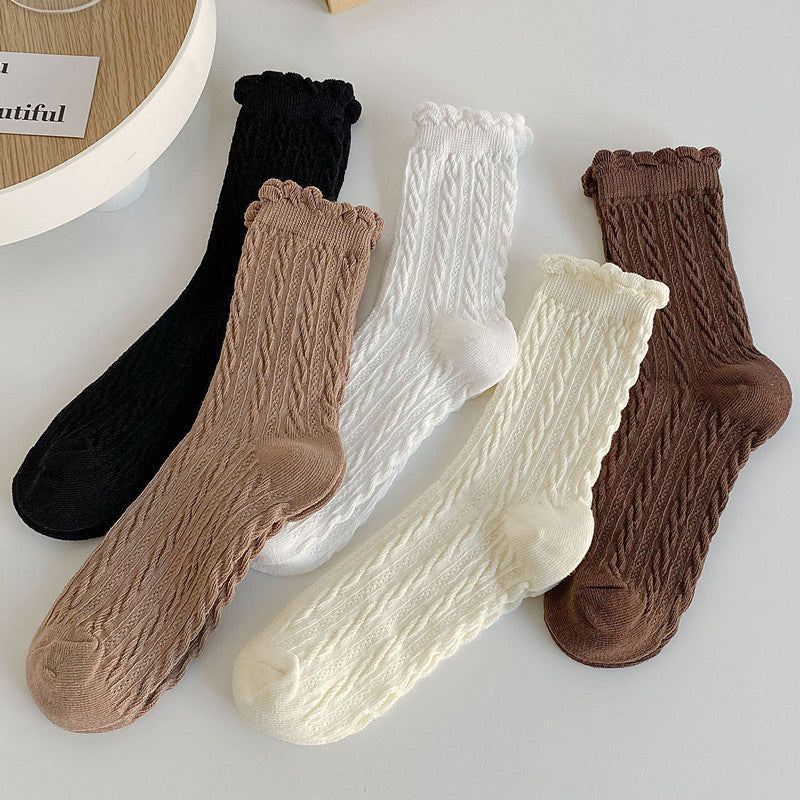 5 Pairs Women's Twist Texture Mid Tube Socks