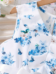 Floral Print Sleeveless Pleated Casual Midi Dress with Ruffle V Neck