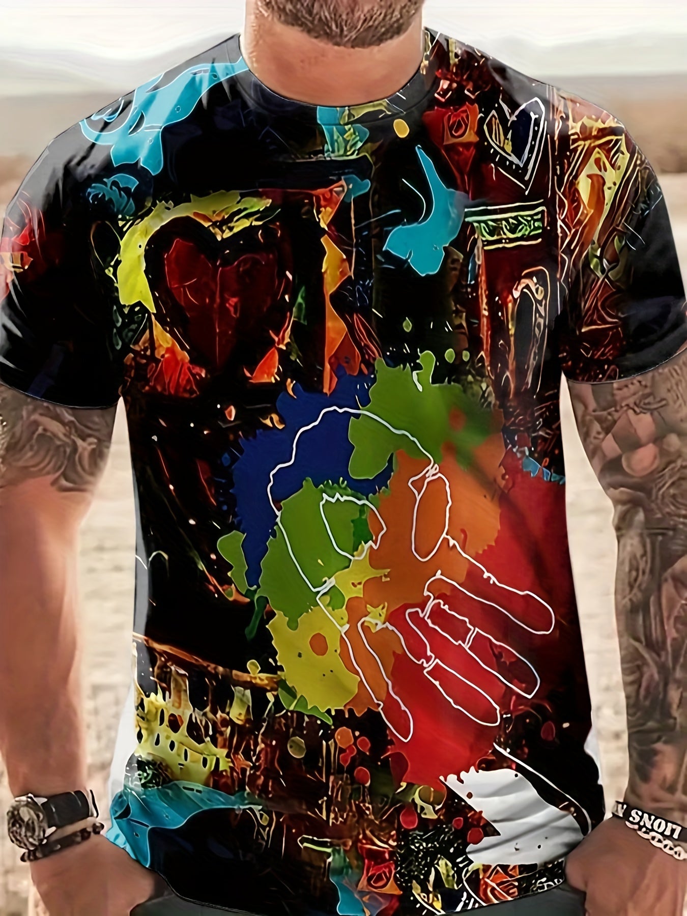 Men's Summer Splatter Graphic T Shirt, Active & Stretchy