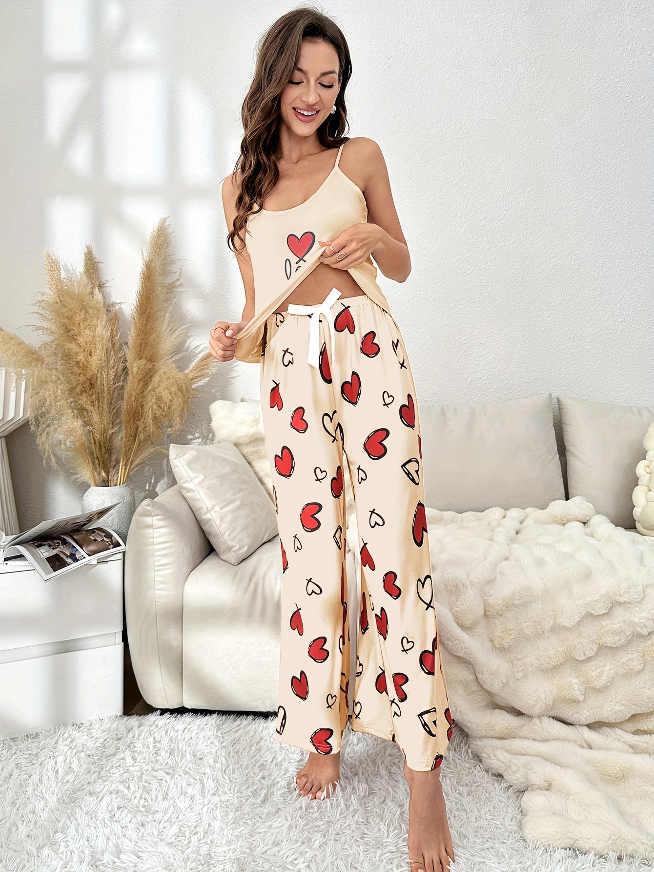 Heart Print Pajama Set Crew Neck Cami Top & Pants