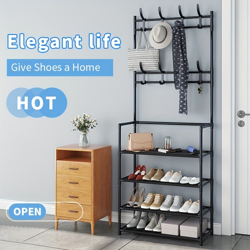 Entrance Coat Rack Foyer Shoe Rack with Storage Shelves & Hooks