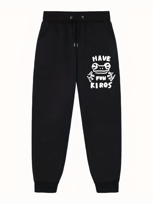 Frog Pattern Letter Print Joggers Men's Stretch Waist Pants