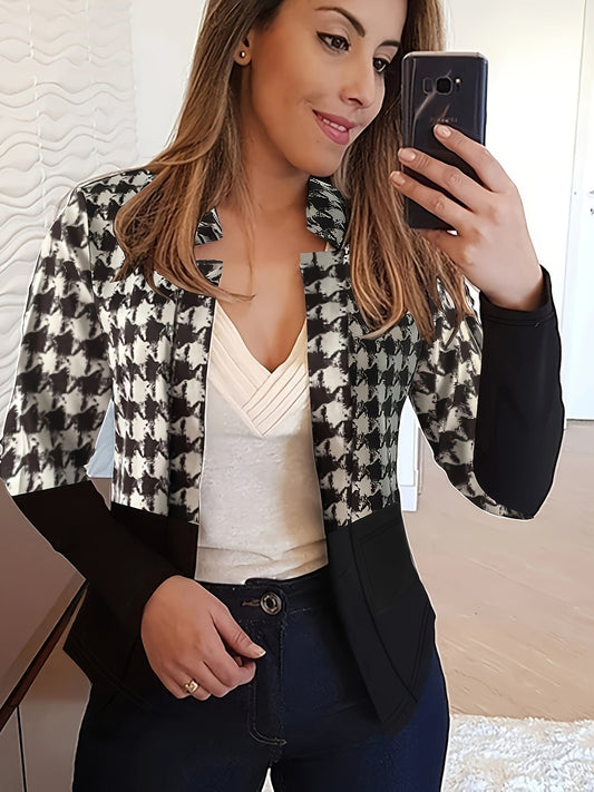  Colorblock Houndstooth Print Long Sleeve Slim Fit Blazer