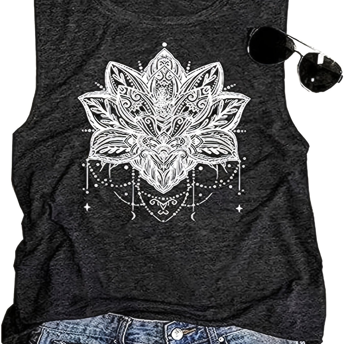 Floral Print Tank Top Crew Neck Sleeveless Summer Tank