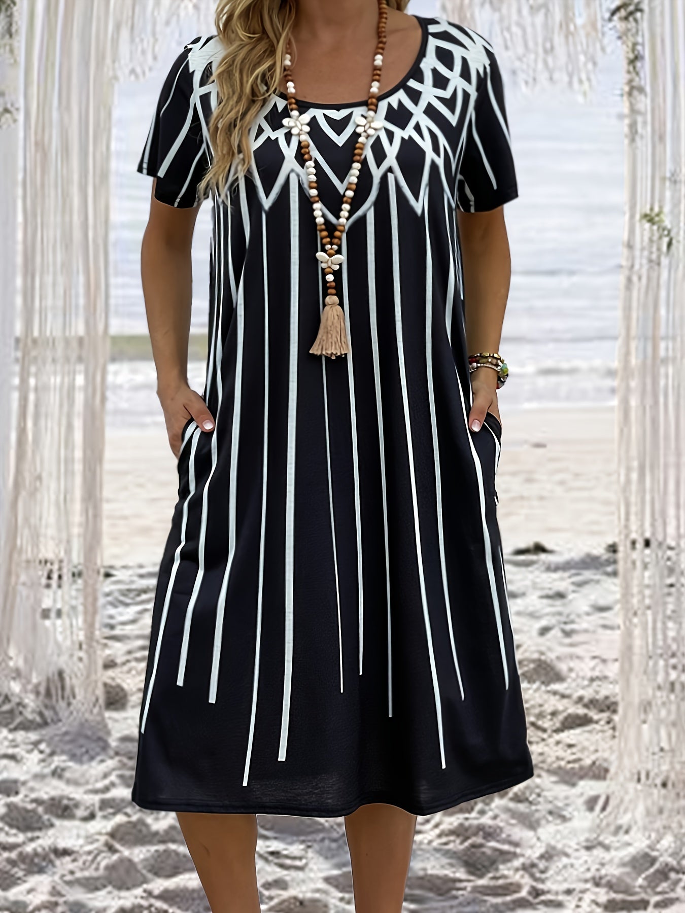  Geometric Print Short Sleeve Tee Dress With Pockets