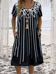  Geometric Print Short Sleeve Tee Dress With Pockets