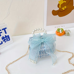 Kids Mesh Bow Handbag w/ Faux Pearl Handle Mini Messenger Bag
