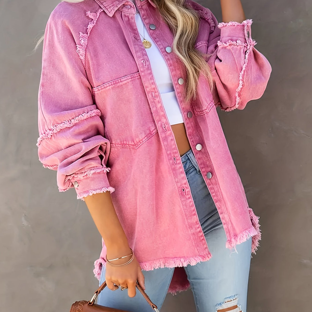 Women's Plus Size Fringe Trim Denim Jacket