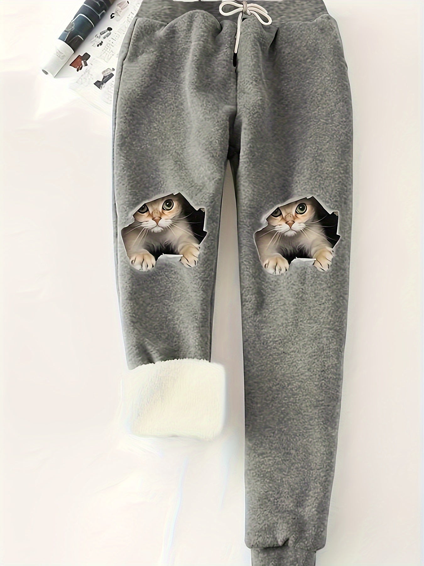 Women's Plus 3D Cat Print Drawstring Elastic Fleece Jogger Pants