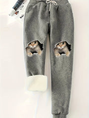 Women's Plus 3D Cat Print Drawstring Elastic Fleece Jogger Pants