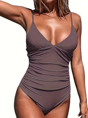  Sexy One Piece Swimsuit Ruched V Neck Tummy Control Bathing Suit