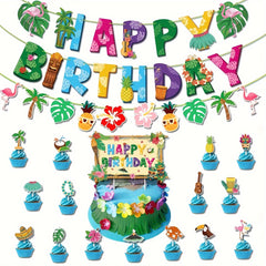 Hawaiian Luau Birthday Party Decor Kit Flower Banners & Cake Toppers