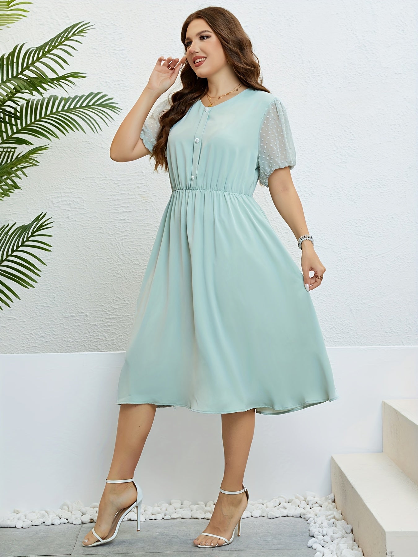  Solid Button Up Mesh Dot Bubble Sleeve Dress