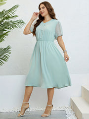  Solid Button Up Mesh Dot Bubble Sleeve Dress