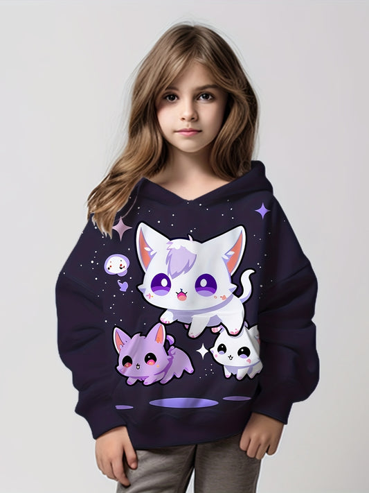 Starry Kitties Graphic Hoodies Girls Comfy Hooded Pullover