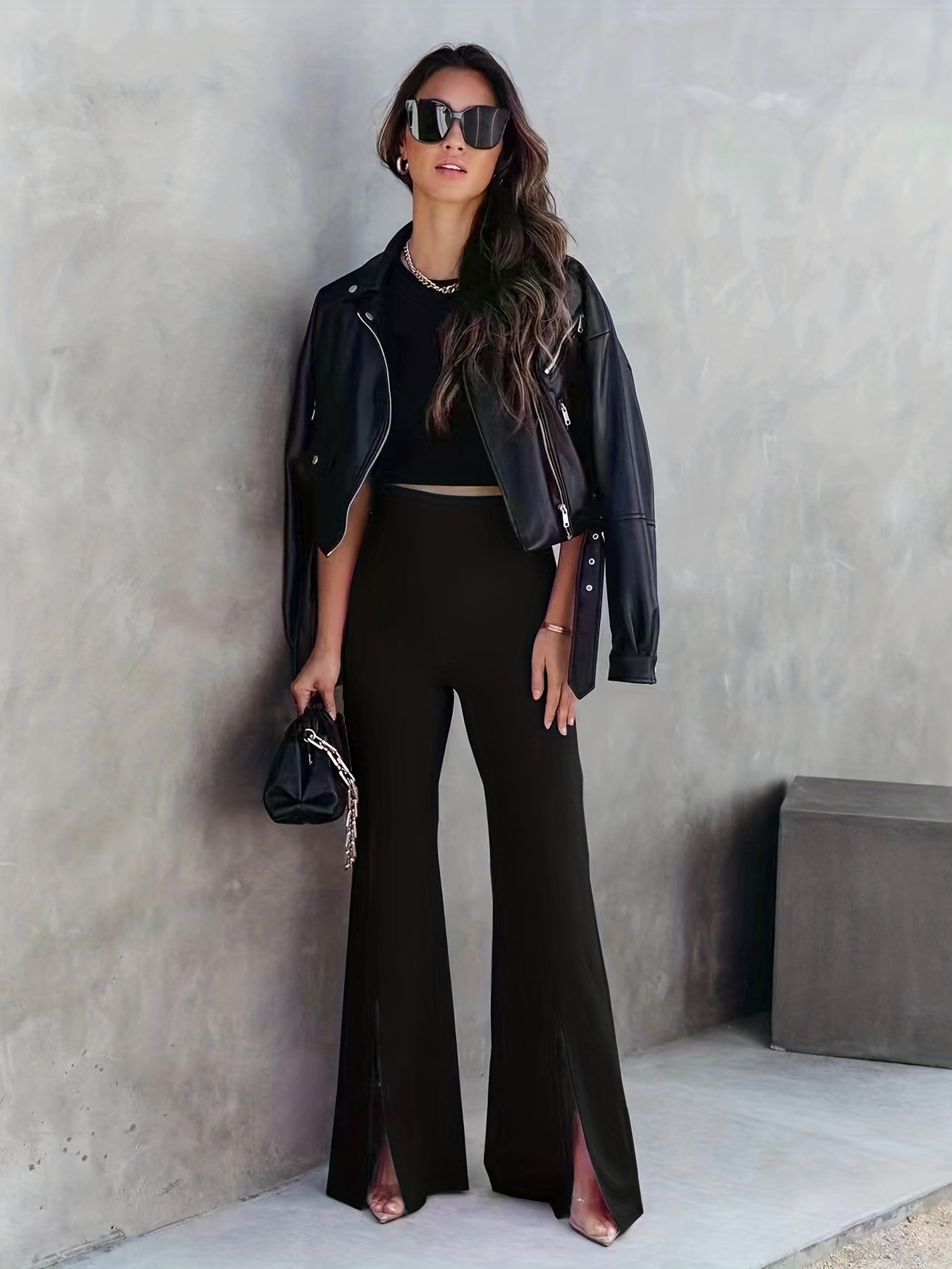  Solid High Rise Flared Leg Pants
