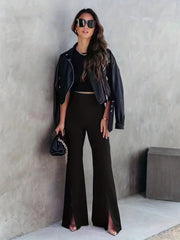  Solid High Rise Flared Leg Pants