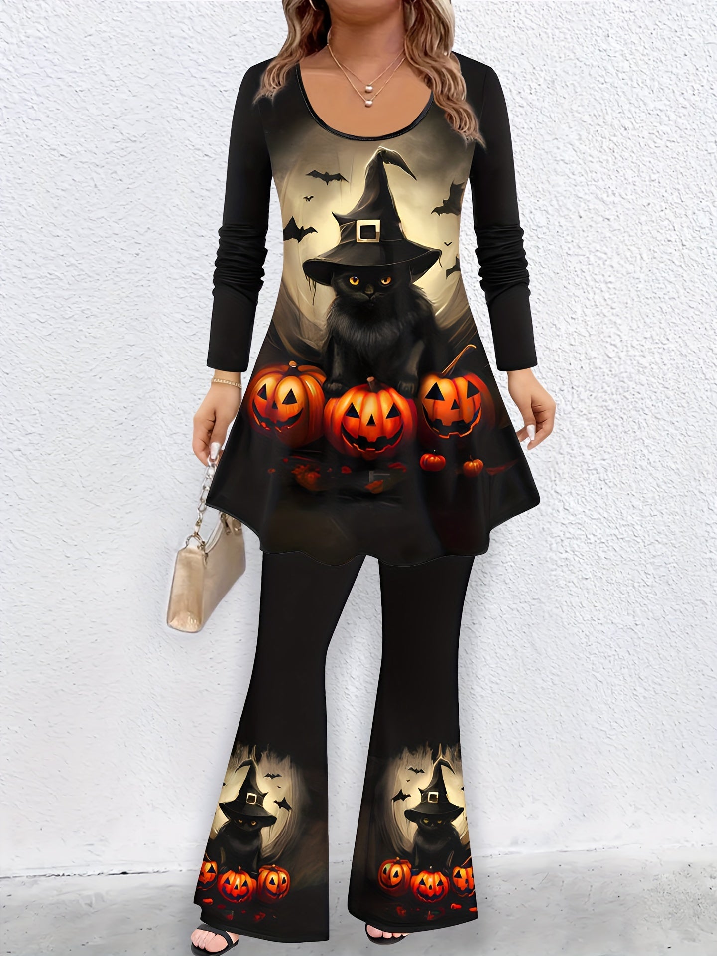  Cat & Pumpkin Print Top & Pants Set