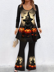  Cat & Pumpkin Print Top & Pants Set