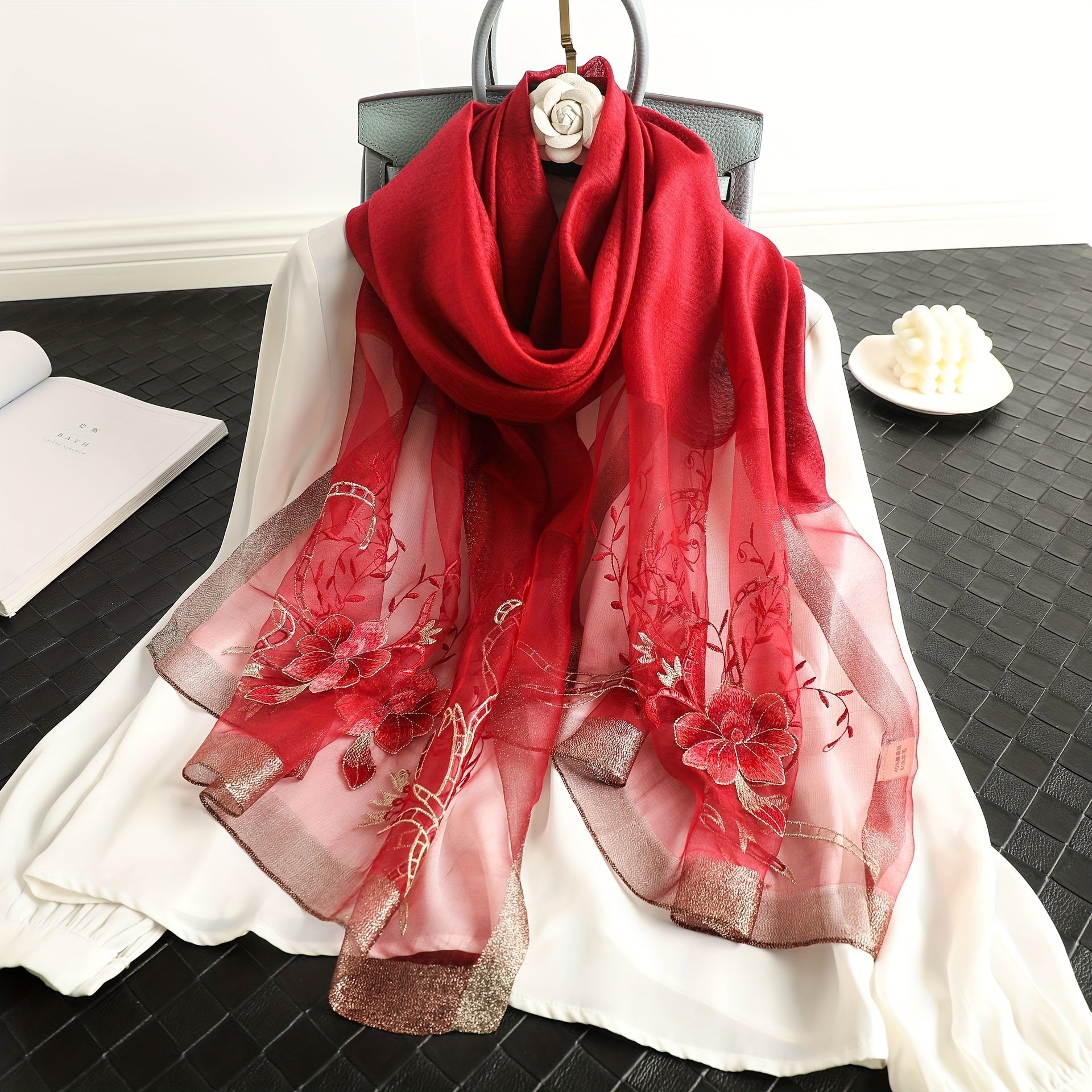 Flower Embroidery Silk Blend Scarf Solid Shawl Breathable Windproof Head Wrap