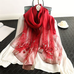 Flower Embroidery Silk Blend Scarf Solid Shawl Breathable Windproof Head Wrap