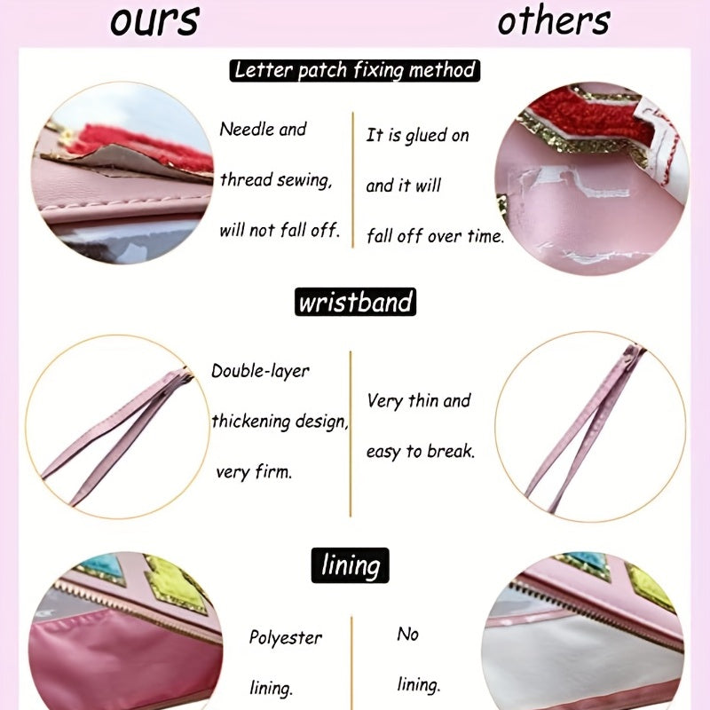 Chenille Letter Patch PVC Pouch Zipper Transparent Travel Cosmetic Bag