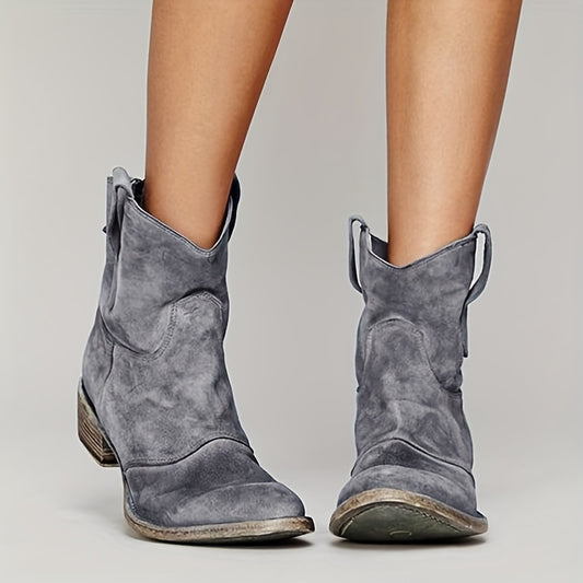 Women's V Cut Ankle Boots Retro Slip On Block Low Heel Shoes