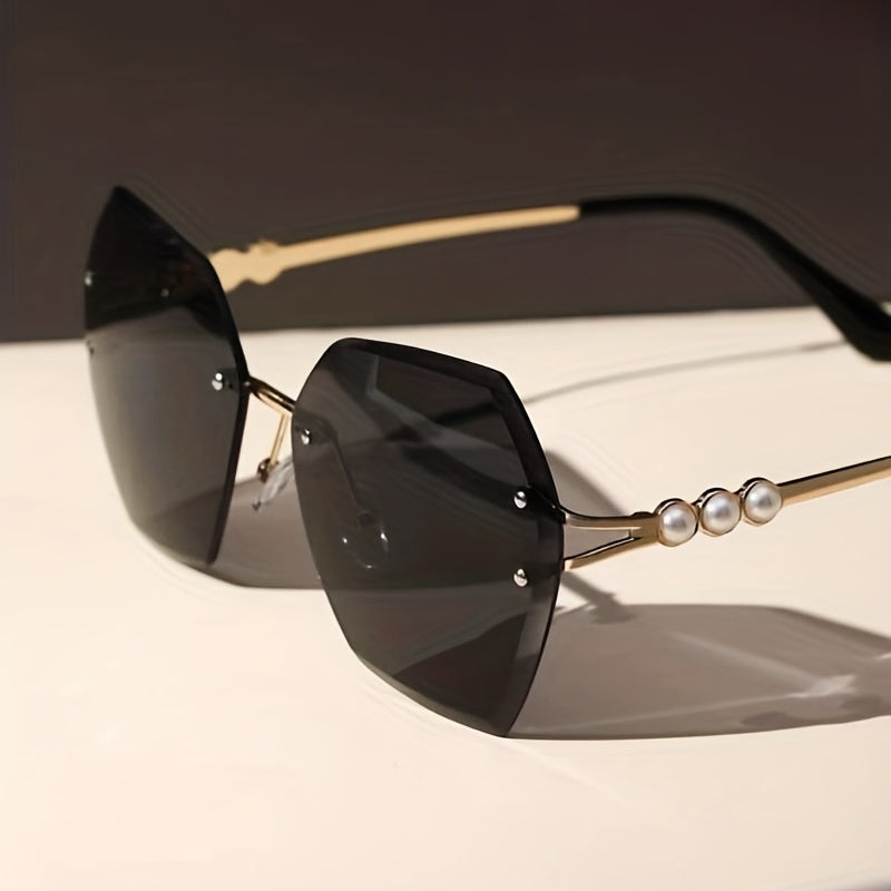 Polygon Sunglasses Women Pearl Rimless UV400 Sun Shades