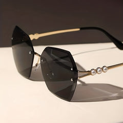 Polygon Sunglasses Women Pearl Rimless UV400 Sun Shades
