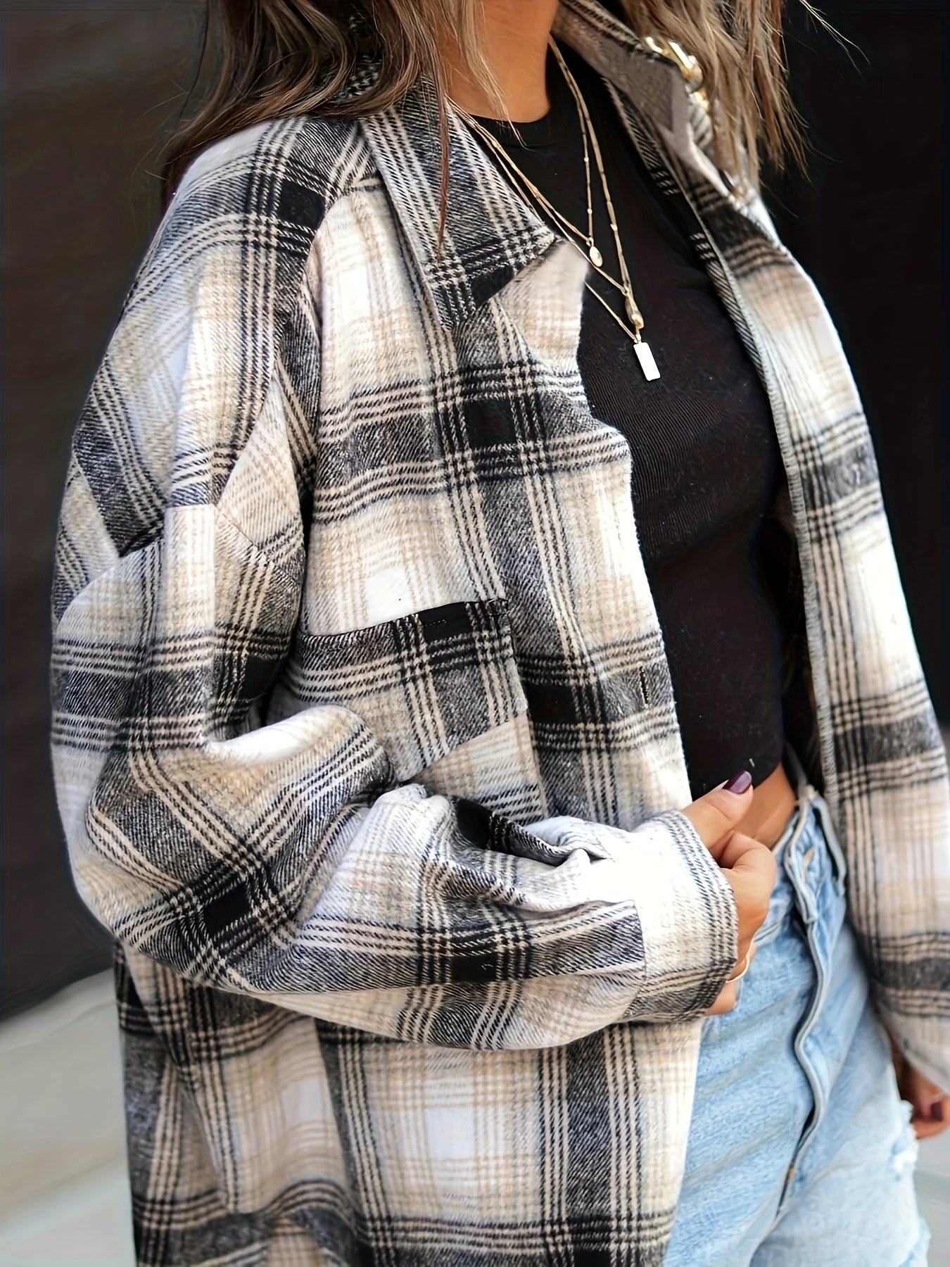 Plaid Button Down Jacket Lapel Long Sleeve