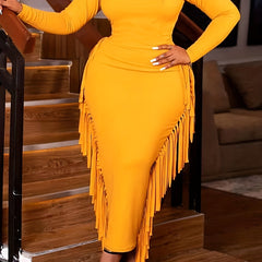  Solid Color Tassel Trim Bodycon Midi Dress