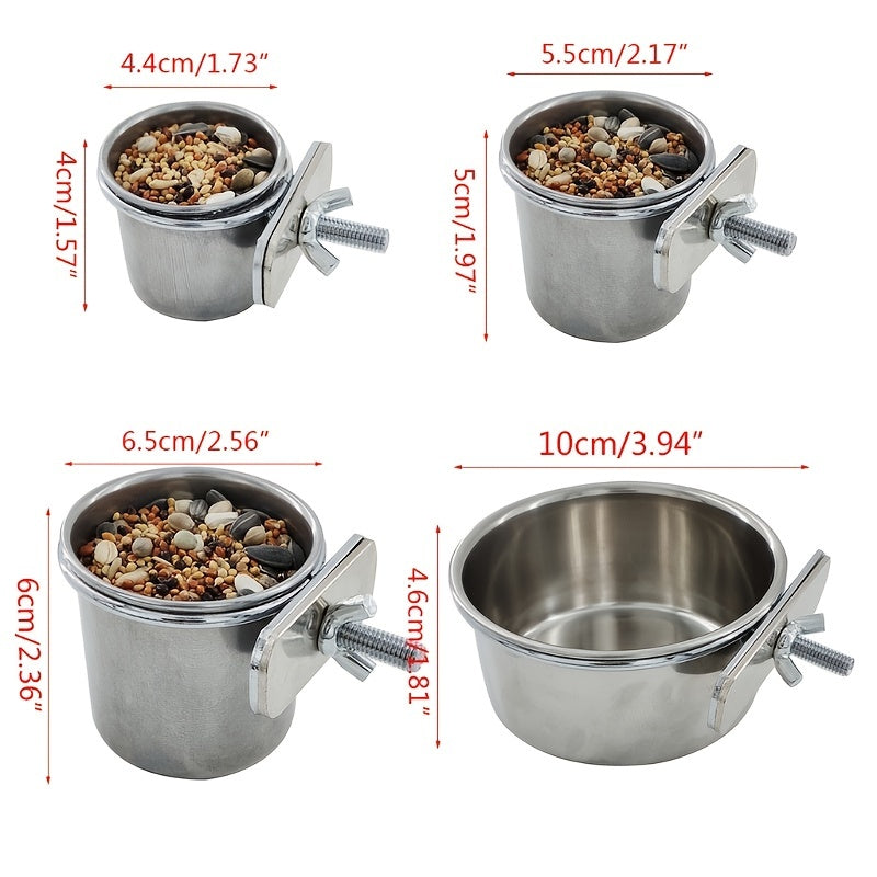 Stainless Steel Bird Feeding Cups with Clamp Holder for Parrot Food and Water