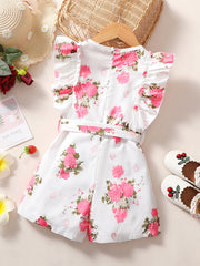 Girls Flowers Print Romper Sleeveless Ruffles Jumpsuit With Belt