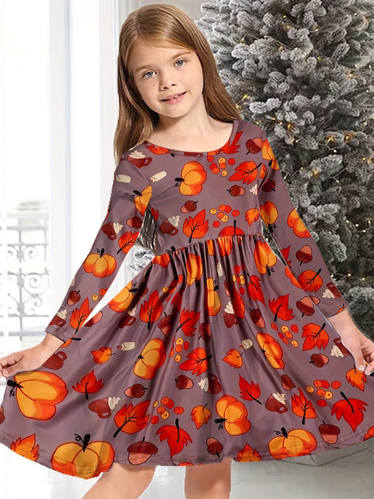 Girls Casual Autumn Flower Print Crew Neck Long Sleeve Dress
