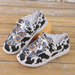 Women's Cow & Leopard Pattern Shoes Lace Up Slip On Round Toe Canvas Shoes
