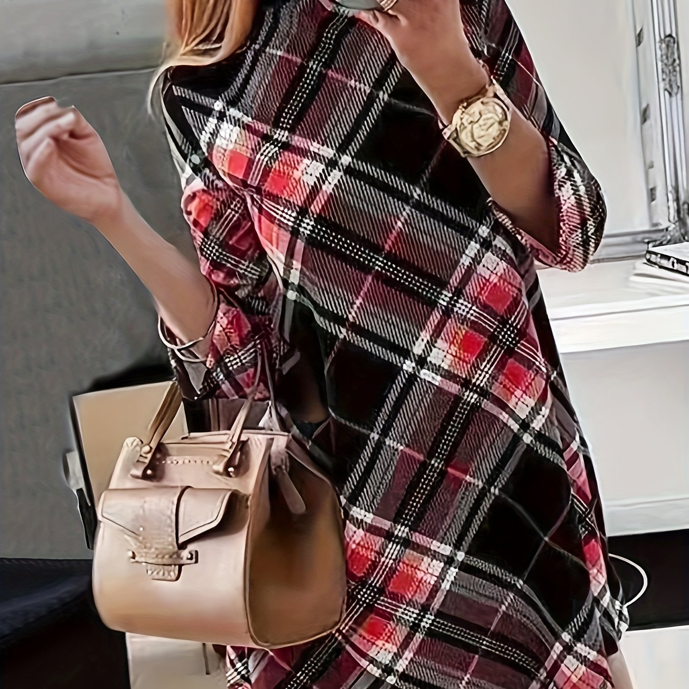  Plaid Print Half Sleeve Mock Neck Mini Dress