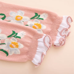 Floral Pattern Cotton Mid Tube Socks with Ruffle Trim