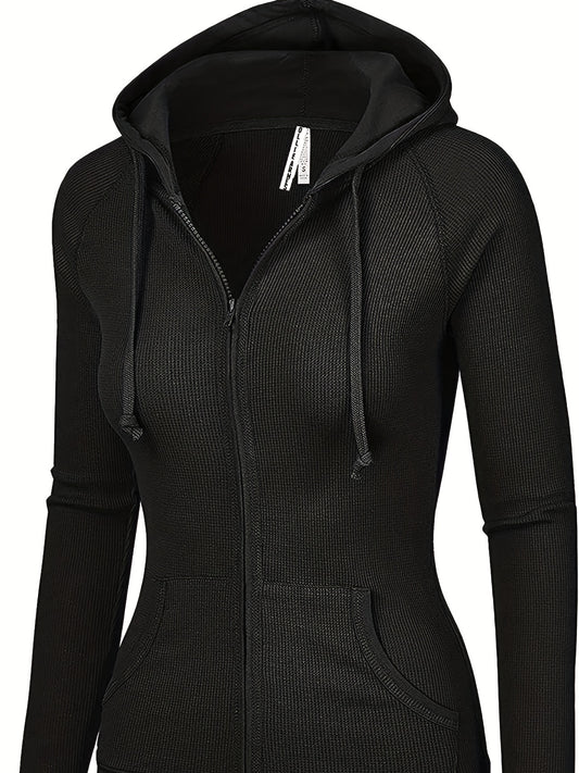 Solid Zipper Kangaroo Pocket Hoodie Casual Drawstring Hoodies