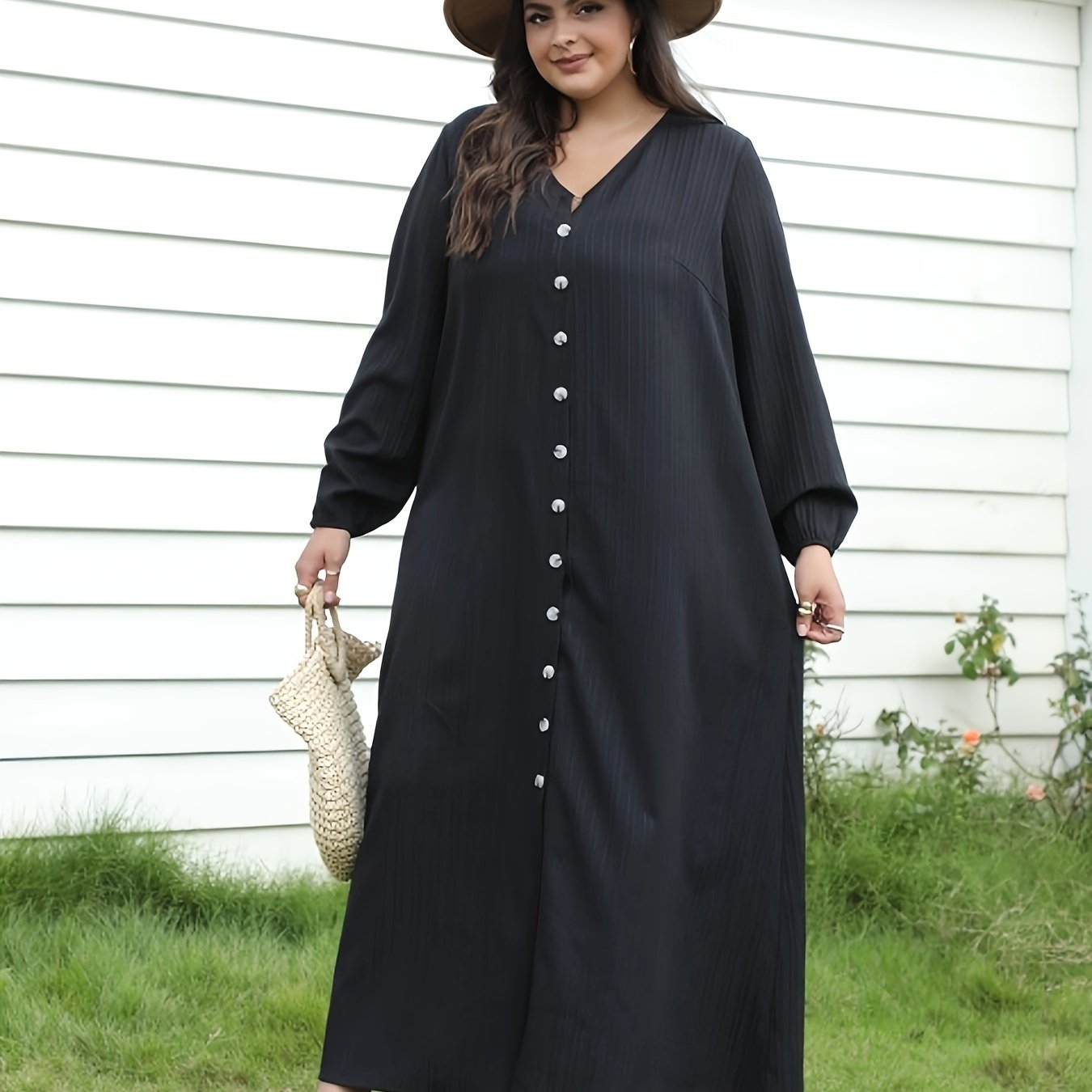  Ribbed Button Up Lantern Sleeve V Neck Maxi Dress