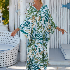 Boho Print V Neck Bat Sleeve Plus Size Dress