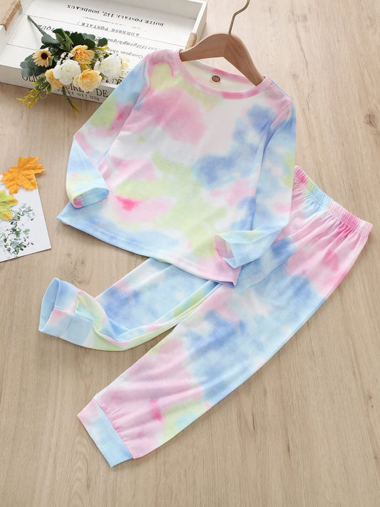 2pcs Toddler Girls Pink Tie Dye Print Long Sleeve Pants