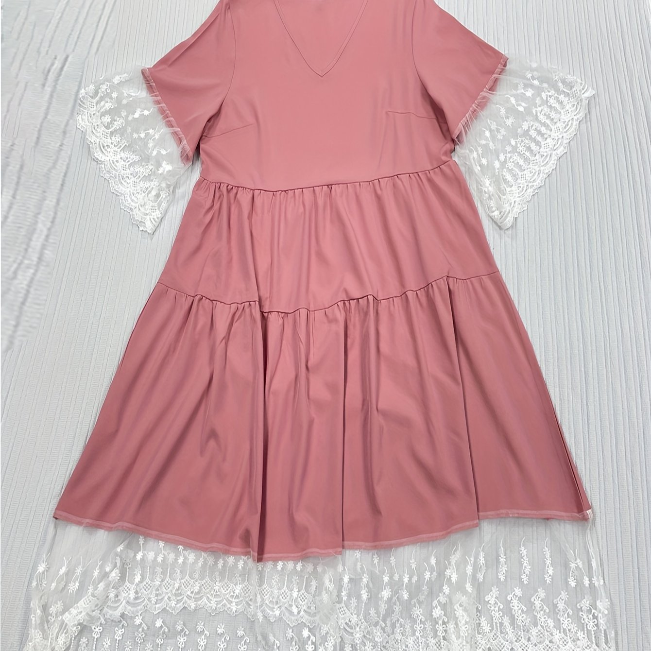  Contrast Mesh V Neck Smock Dress