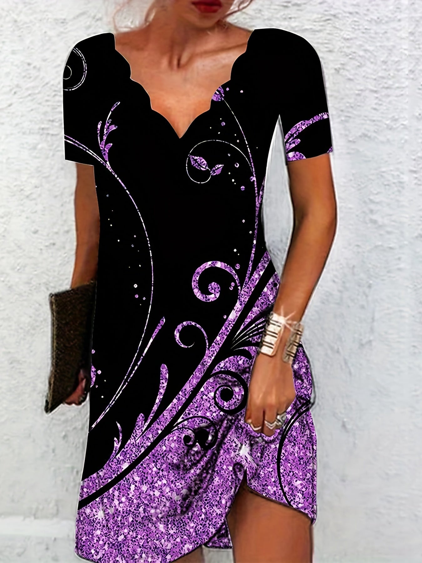 Plus Glitter Baroque Print V Neck Scallop Trim Dress