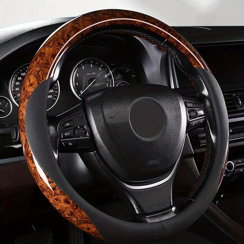 Wood Grain Steering Wheel Cover for 37-38 cm, Non-slip Protector