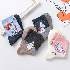 4 Pairs Cartoon Print Socks Soft Mid Tube Socks Women's Stockings